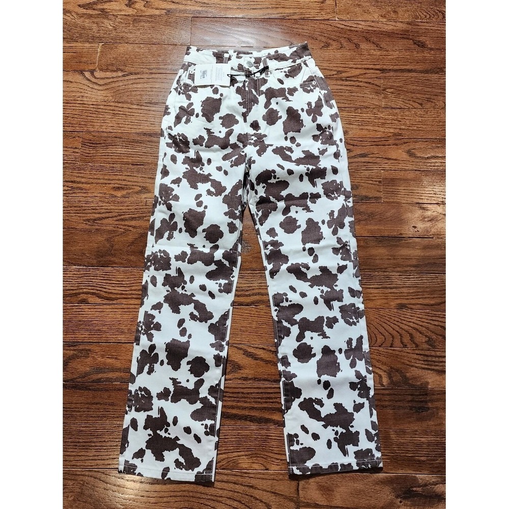 NWT Glassons Cow Print Jeans Women US 2 Brown White Straight Western Boho Trendy